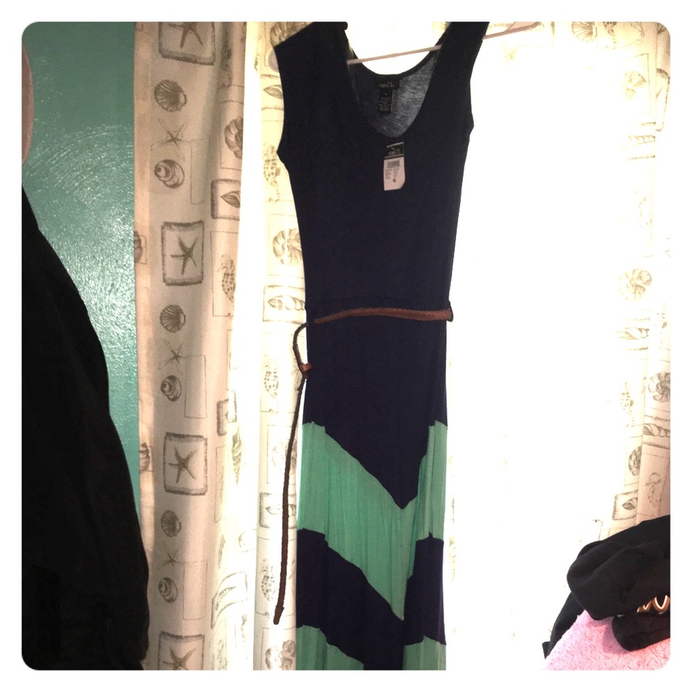 Rue 21 maxi dress, navy and mint with brown belt